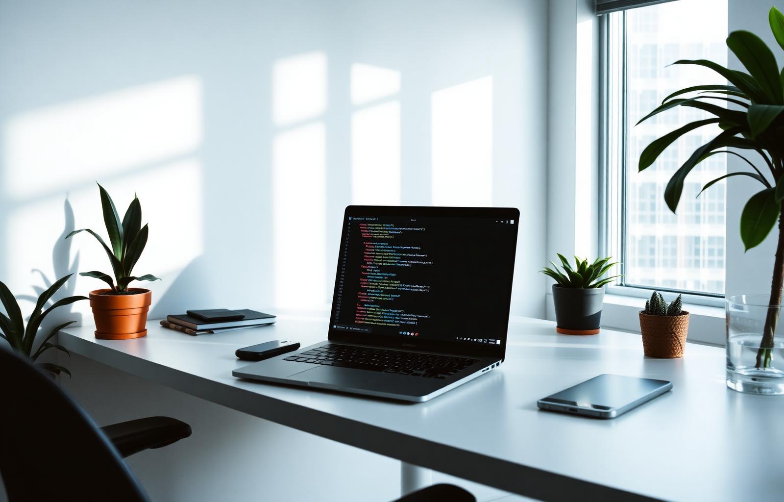 Modern clean workspace with laptop running code